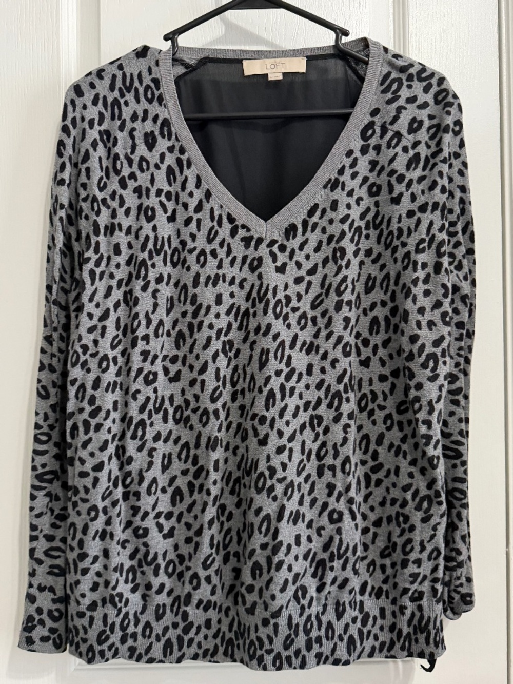 LOFT Grey Leopard Print Mixed Media V Neck Sweater Black Sheer Back L